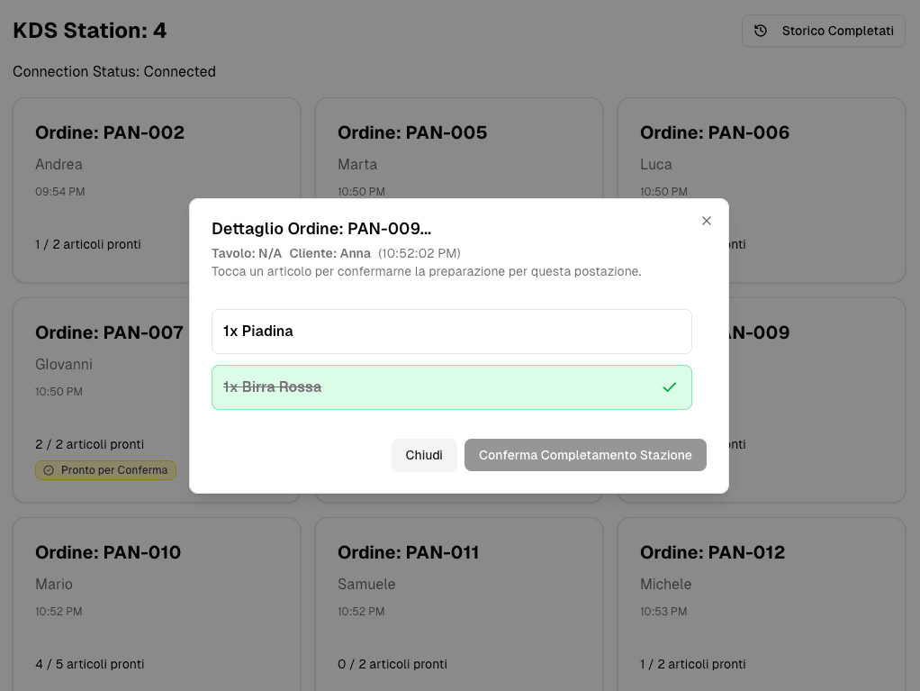Schermata del Kitchen Display System (KDS) di SagraFacile per la cucina