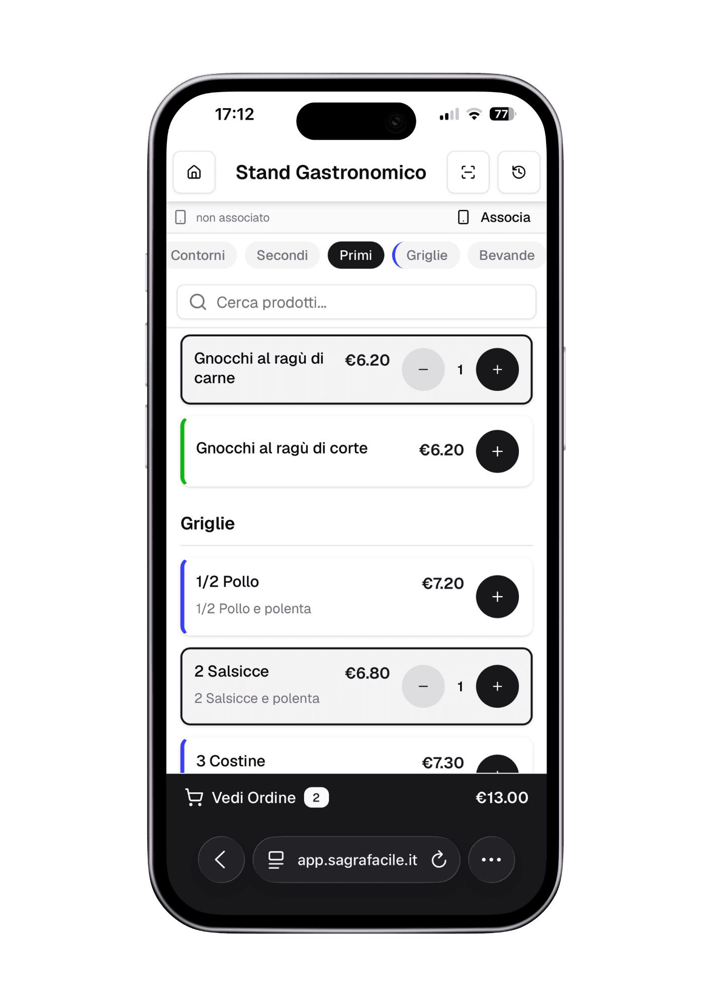 Interfaccia cassa mobile SagraFacile su smartphone