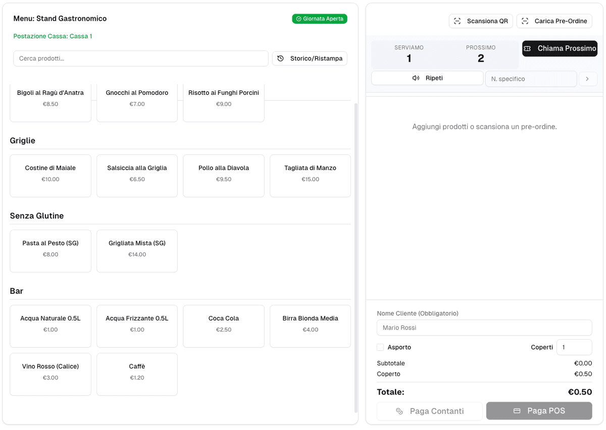 Interfaccia di cassa del sistema SagraFacile per la gestione degli ordini